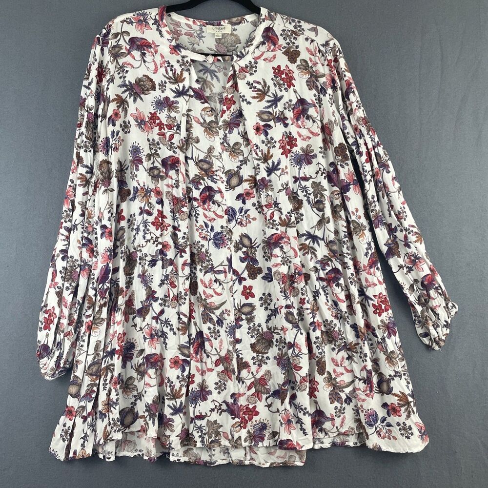 Umgee Womens Shirt Long Sleeve Tunic Floral Pleated Boho Peasant Size Large